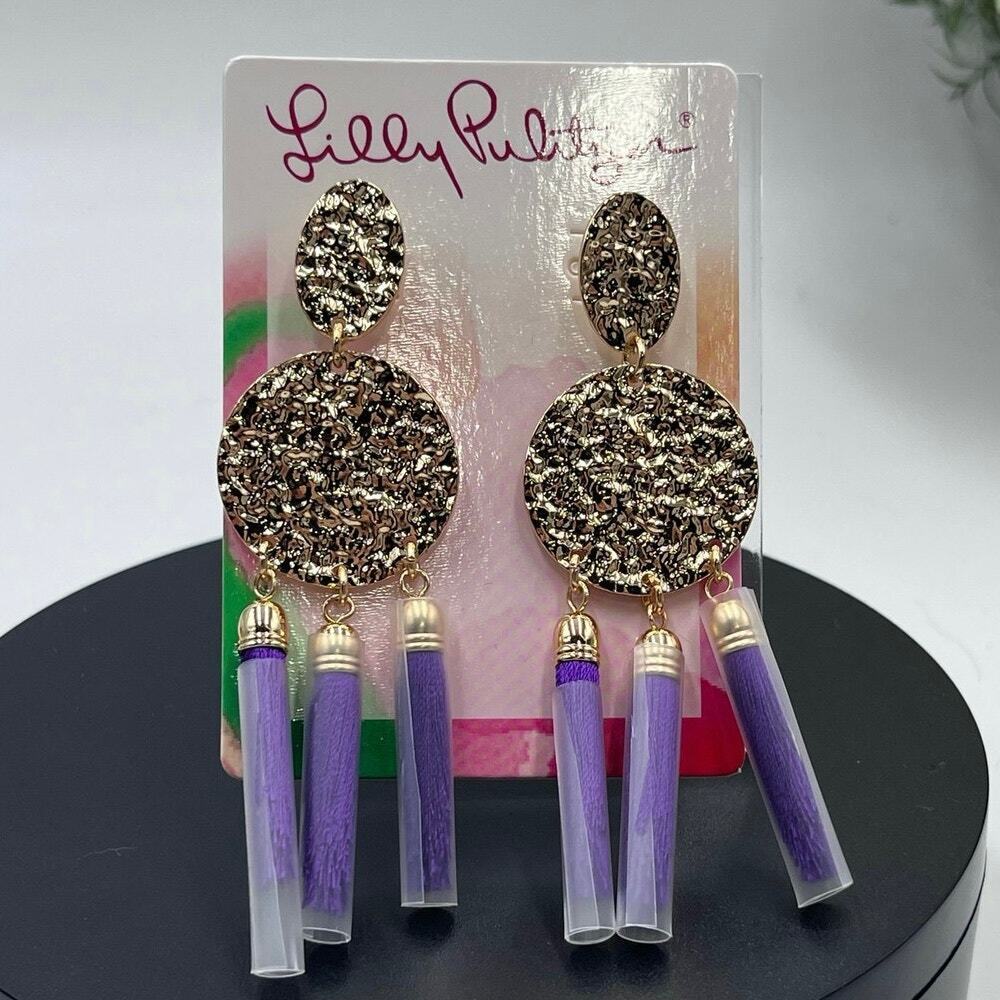 Lilly Pulitzer Mermaid Grotto Tassel Hammered Gold Tone Earrings Purple Berry